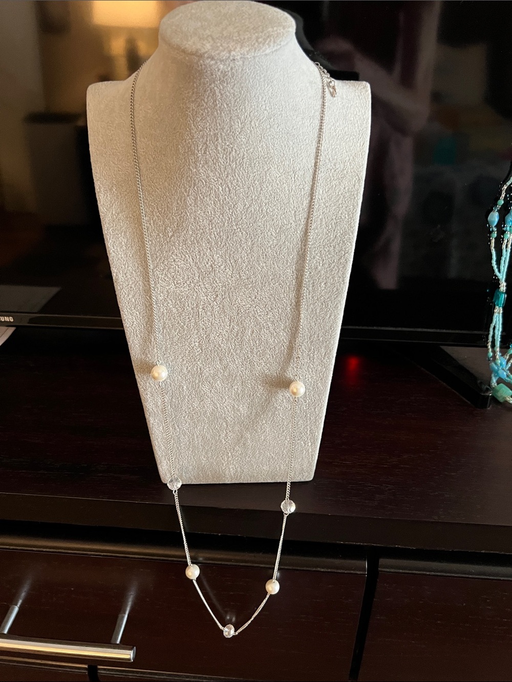 Silver-Tone Layered Necklace with White Crystal Stations